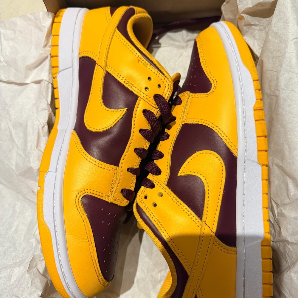 Nike University Gold and Maroon Dunk Low Retro